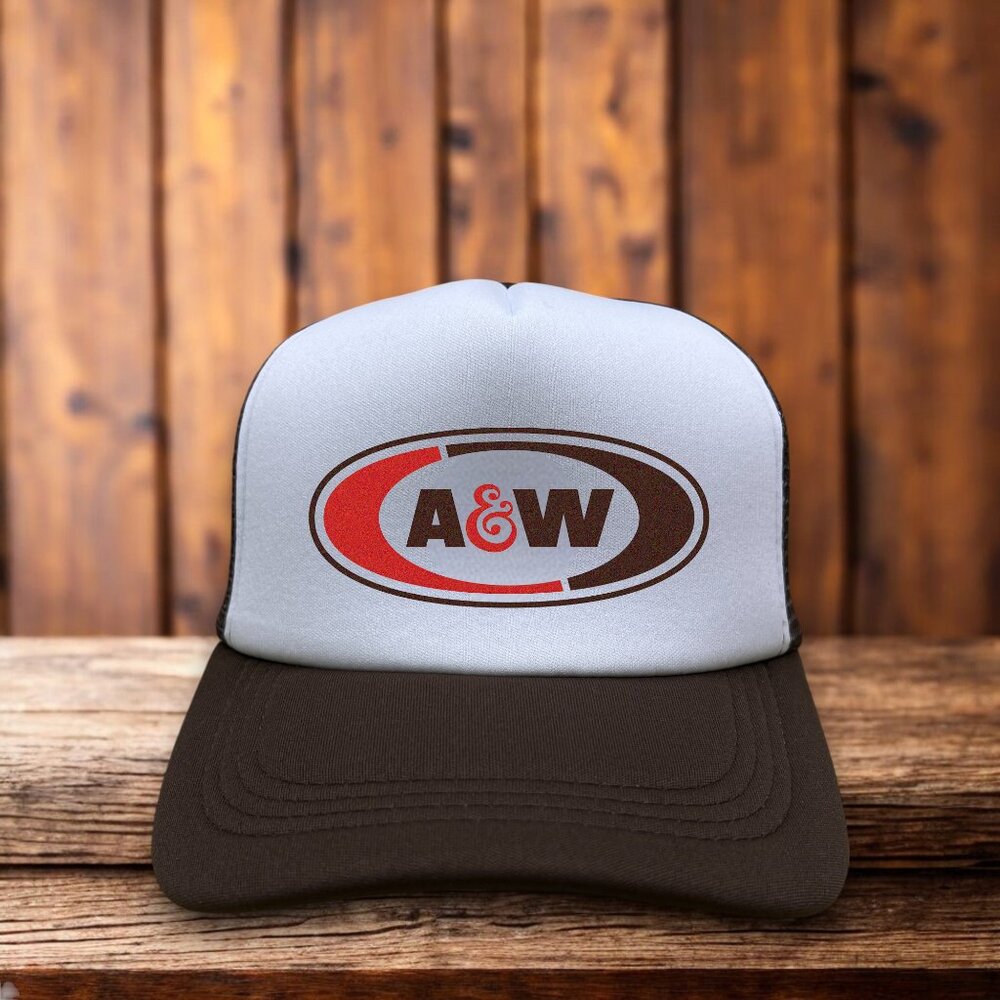 A&W Root Beer Mens Trucker Hat Brown Snapback Retro 90s Logo Soda Pop Ball Cap